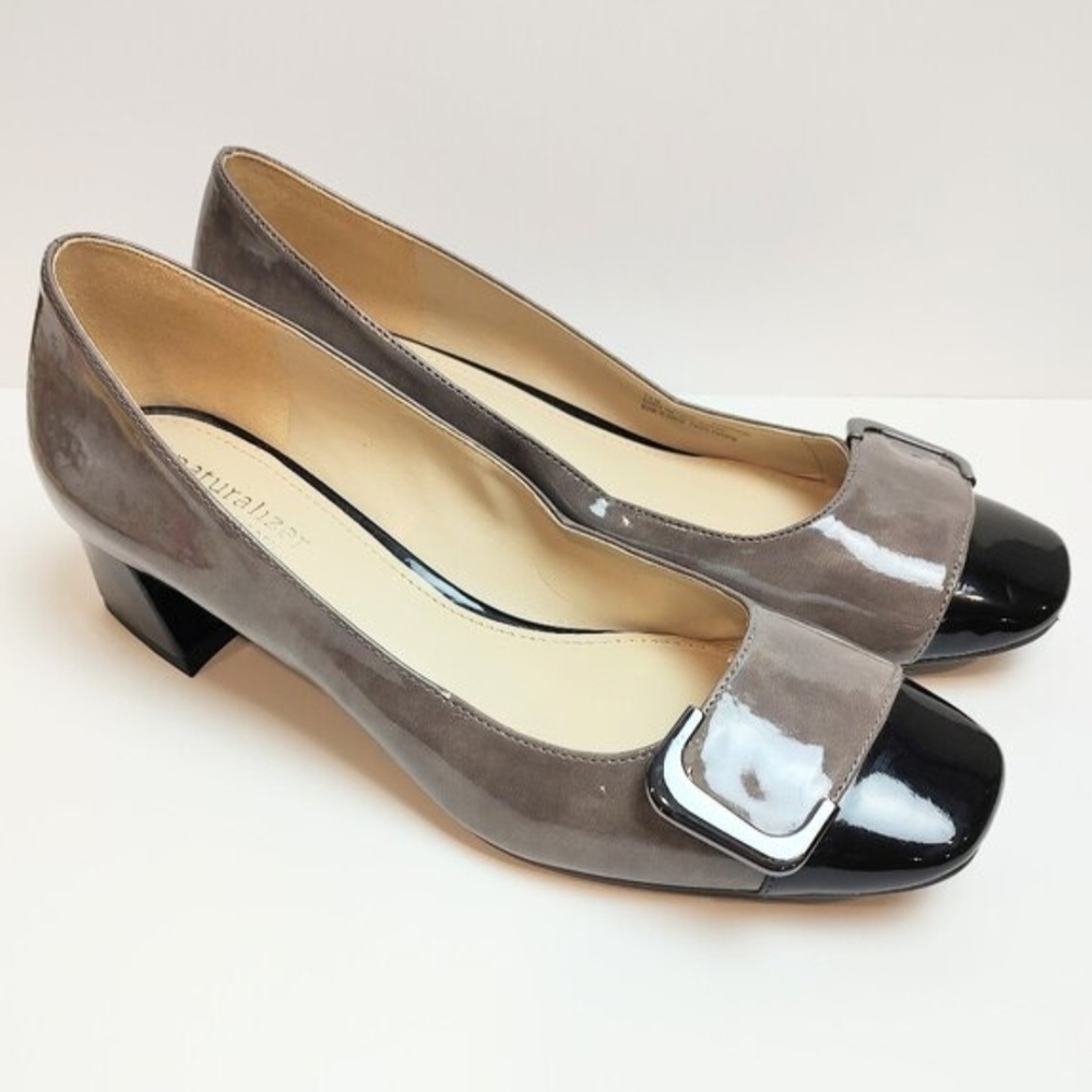 Naturalizer Women's Xavier Pump Patent Leather Black Gray Taupe Buckle Size 6